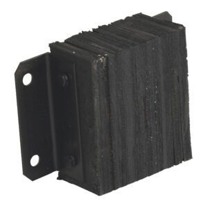 The Vestil Laminated Dock Bumper 10 X 12 X 4.5 In features a black rubber exterior, robust metal mounting bracket, and a rugged texture with stacked layers. It includes two holes for secure attachment.