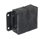The Vestil Laminated Dock Bumper 10 X 14 X 4.5In consists of stacked flat black rubber sheets secured by metal brackets with two mounting holes, ensuring the ridged texture is tightly fastened in place.
