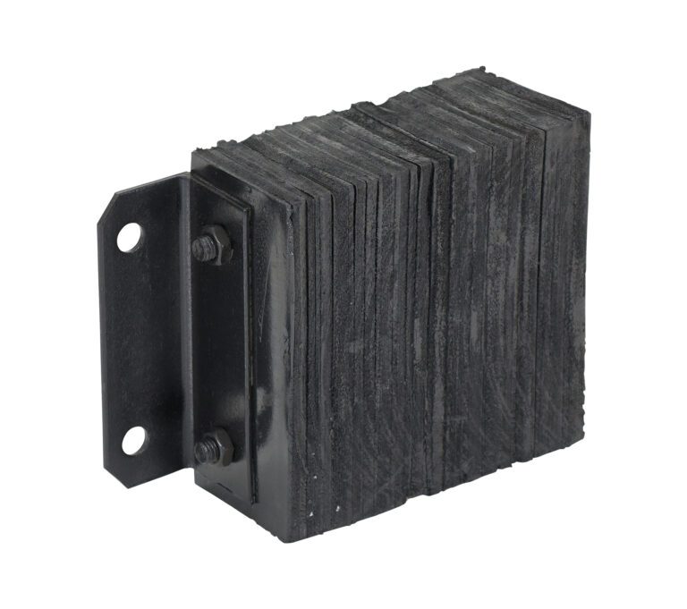 The Vestil Laminated Dock Bumper 10 X 14 X 4.5In consists of stacked flat black rubber sheets secured by metal brackets with two mounting holes, ensuring the ridged texture is tightly fastened in place.