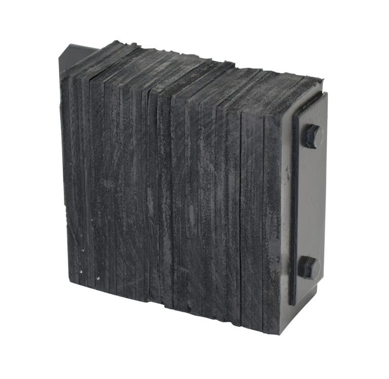 The Vestil Laminated Dock Bumper 10 X 14 X 4.5In is a black rectangular bumper made of stacked layers, featuring two visible bolts on one side that enhance its ridged look.