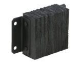 The Vestil Laminated Dock Bumper, 10 x 14 x 4.5 inches, has a rectangular black rubber design with a textured surface. It is mounted on a black metal bracket with two side bolt holes for easy attachment and features stacked layers for durability and cushioning.