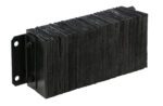 The Vestil Laminated Dock Bumper 10 X 24 X 6 In features a core made of thin, tightly packed black sheets attached with bolts to a black metal bracket, creating a robust industrial design.