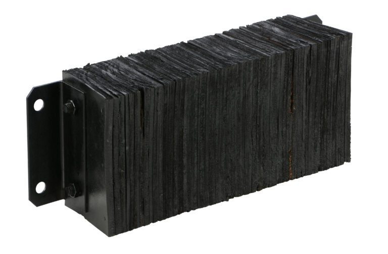 The Vestil Laminated Dock Bumper 10 X 24 X 6 In features a core made of thin, tightly packed black sheets attached with bolts to a black metal bracket, creating a robust industrial design.