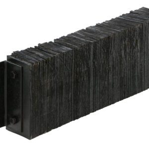 The black Vestil Laminated Dock Bumper, sized 10 x 30 x 4.5 inches, features metal brackets and bolt attachments on one end. Its compressed material-like texture and bracket holes indicate its meant for mounting or attachment.