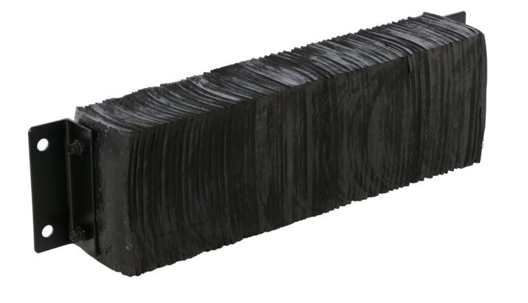 1036-6_A.jpg The Vestil Laminated Dock Bumper 10 X 36 X 6 In has durable black rubber sheets layered between two metal plates with mounting holes, ensuring secure ends and robust performance.