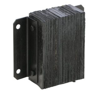 This close-up highlights the textured rubber surface of the Vestil Laminated Dock Bumper 12 x 12 x 4.5 inches, securely mounted on a metal bracket with dual holes, designed for optimal impact absorption.