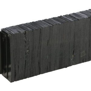 A stack of dark, textured rectangular plates with a left-side black metal bracket and mounting holes resembles the sturdy design of the Vestil Laminated Dock Bumper 12 X 30 X 4.5 In.
