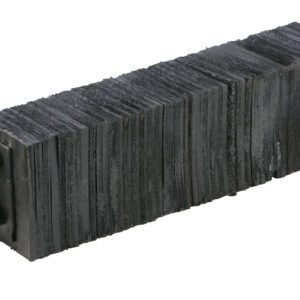 A black accordion-style rubber exhaust connector with metallic bolts, crafted for vibration and thermal expansion absorption in exhaust systems, features a rough industrial texture similar to the Vestil Laminated Dock Bumper 6 x 24 x 4.5 inches.