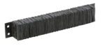 A stack of rectangular dark metal plates resembles the Vestil Laminated Dock Bumper 6 X 36 X 4.5 In, with holes at one end and tightly packed to form a long bar-like shape.
