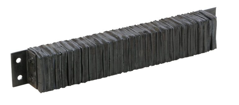 A stack of rectangular dark metal plates resembles the Vestil Laminated Dock Bumper 6 X 36 X 4.5 In, with holes at one end and tightly packed to form a long bar-like shape.