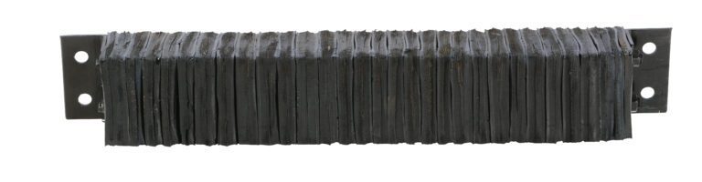 A dense rectangular bristle block with black bristles on a silver metallic base, echoing the durability of the Vestil Laminated Dock Bumper 6 X 36 X 4.5 In, has two holes on each side for secure mounting.