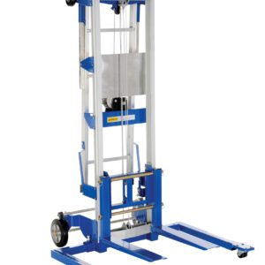 The Vestil Hand Winch Lift Option with retractable ladder is perfect for raising and lowering loads, featuring a blue and silver manual material lift with wheels and adjustable forks for efficiently transporting heavy items.