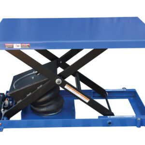 The Vestil Heavy Duty Air Bag Scissor Table 1K Lb features a blue hydraulic lift with a flat platform and black metal arms, housing pneumatic components and control buttons on the base for efficient industrial lifting.