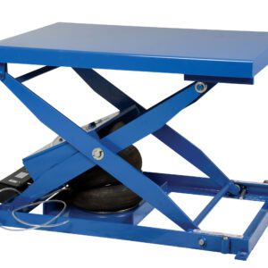 The Vestil Heavy Duty Air Bag Scissor Table 2K Lb has a blue rectangular platform and a robust square base. Its pneumatic components ensure smooth lifting and lowering, making it ideal for industrial use with heavy loads.