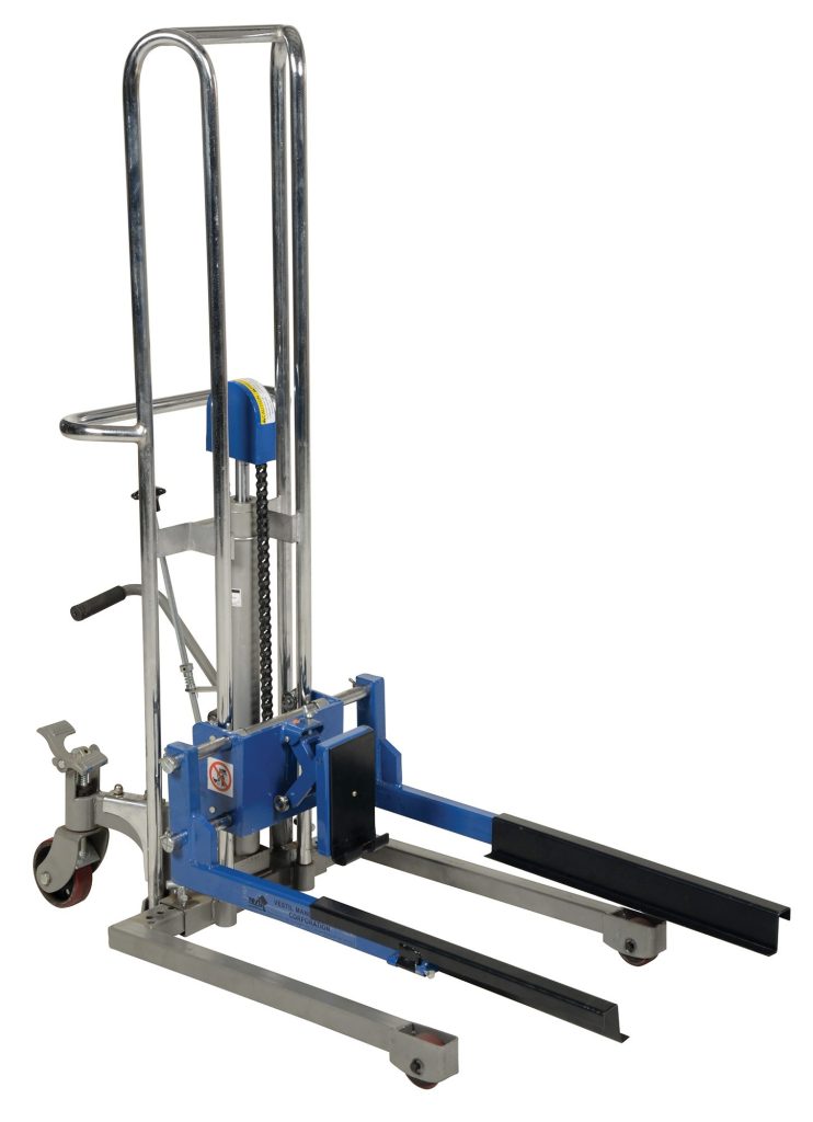 ABS-130_A.jpg The Vestil Adjustable Box Stacker 380 Lb Capacity features a durable metal frame, blue hydraulics, black forks, two front wheels, a rear wheel for smooth movement, and an easy-to-use handle with lever for precise operation.