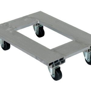 Introducing the Vestil Aluminum Channel Dolly 900 Lb 18W X 24L, featuring a rectangular open center and ribbed surface texture. With four black caster wheels, it is designed for convenience and durability, supporting up to 900 lbs while ensuring easy maneuverability.