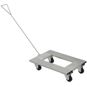 The Vestil Aluminum Channel Dolly 21Wx30L W/Handle features a sleek silver metal platform, four black wheels, and an angled handle for easy pulling, making it ideal for efficiently transporting heavy items.