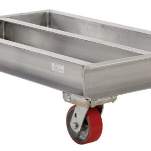 The Vestil Aluminum Channel Dolly 2000 Lb 21W X 36L, with four red rubber wheels and two rectangular compartments, is showcased against a white background. It boasts effortless mobility and efficiency, supporting up to 2000 lbs.