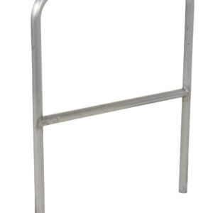 The Vestil Aluminum Safety Railing 36 In L is a silver, rectangular metal bike rack with rounded top corners, two vertical legs, and a mid-horizontal bar. Its smooth finish shines against the white background.