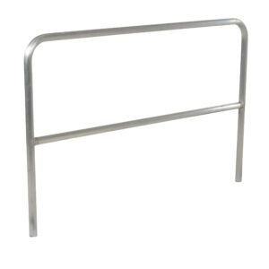 The Vestil Aluminum Safety Railing 72 In L showcases a sleek metal design with two vertical legs and a connecting horizontal bar, reminiscent of a bicycle rack or barrier, set against a plain white background for an aura of sleek functionality.