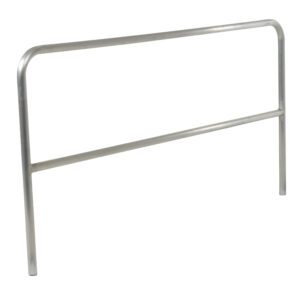 The Vestil Aluminum Safety Railing 84 In L, with two vertical legs and a horizontal bar creating a sturdy frame, measures 84 inches long. Ideal for versatile placement, it provides excellent protection or separation against a plain white background.