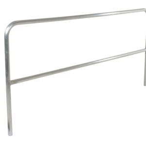 A sleek metal headboard with a rectangular frame and horizontal support bar mirrors the design of a Vestil Aluminum Safety Railing 96 In L. It features rounded corners and legs for bed attachment, providing a shiny, smooth surface.