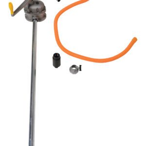 The Vestil Rotary Manual Alum Drum Pump W/2 In Bung includes a long metal tube, orange flexible hose, and yellow handle for easy use. It comes with essential accessories for assembly, all displayed against a plain white background.