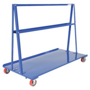 The Vestil A-Frame Cart, with a 2K capacity and dimensions of 36.6875 x 72 inches, features a robust blue metal design with a triangular frame and flat base for easy transport of large materials. Four red and gray caster wheels provide smooth mobility.
