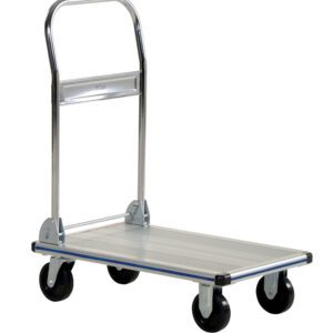 Against a plain white backdrop, the Vestil Aluminum Platform Truck 0.4K 18-1/2 x 30 showcases its flat surface, chrome handle, and sturdy black wheels, ideal for efficiently transporting items.