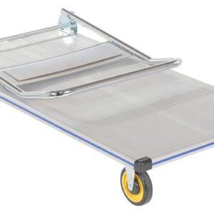 The Vestil Aluminum Platform Truck 0.6K 24 X 48 has a gray flatbed, yellow wheels, and a robust metal handle in its folded form against a white background, showcasing its versatility.
