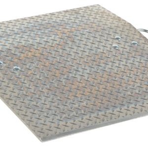 A square metal platform with a diamond-plate surface and side handles, like the Vestil Aluminum Hand Truck Dockplate 0.7K 30X30, slightly elevated with sturdy support underneath for industrial or heavy-duty use.