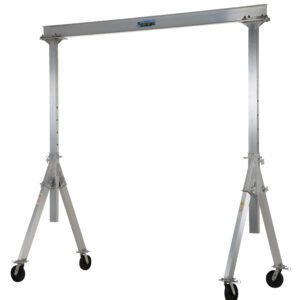 The Vestil Adjust Aluminum Gantry Crane 2K 10 X 8, with a metallic finish and adjustable height, has a horizontal beam on two wheeled vertical legs, making it ideal for lifting and moving heavy objects effortlessly.