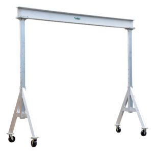 The Vestil Adjust Aluminum Gantry Crane 6K 8 X 10 features a robust silver metal design with a horizontal beam and wheeled vertical legs, perfect for lifting heavy objects, set against a crisp white backdrop.
