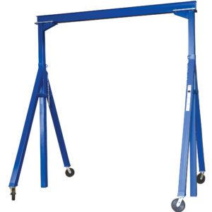 The blue Vestil Adj Height Steel Gantry Crane 2K 15 X 16 features adjustable height, four wheels for easy mobility, sturdy A-frame legs, and a horizontal top beam, ideal for efficiently handling heavy lifting tasks.