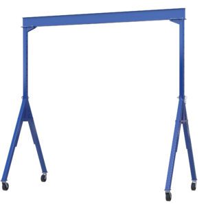 The Vestil Adj Height Steel Gantry Crane 2K 15 X 9 is a blue, portable unit with adjustable height and four wheels for easy mobility. Its design includes a horizontal beam and two vertical, angled legs for versatile support.