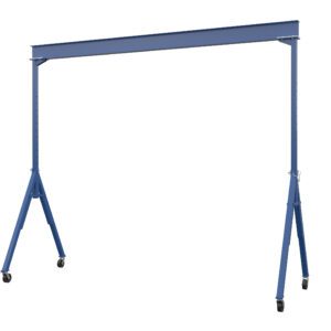 The Vestil Adj Height Steel Gantry Crane 2K 20 X 12 is a blue, portable crane with an adjustable design, four wheels, and features a horizontal beam supported by vertical legs and triangular braces for easily lifting and moving heavy loads.