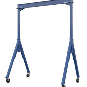 The blue Vestil Adj Height Steel Gantry Crane 4K 10 X 12 features a horizontal beam supported by two wheeled vertical legs, expertly designed for lifting and moving heavy loads with ease.