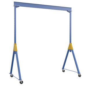 The Vestil Knock-Down Adj Steel Gantry 6K 15 X 16 features a blue beam, A-frame legs with yellow mid-sections, and wheels for easy mobility. Its adjustable height design provides versatility for various tasks within dimensions up to 15 X 16 feet.