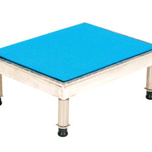 The square metallic bench has sturdy silver legs with black rubber feet, and its top is covered in a textured bright blue fabric, offering a blend of simplicity and functionality similar to the Vestil Adj Ss Stand with dimensions 10.5-16.5 H, 19W X 24L.