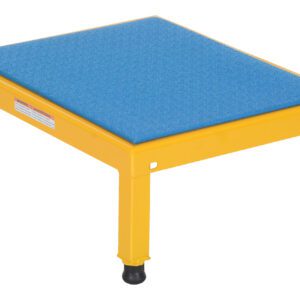 The Vestil Adj Steel Stand is a durable, yellow metal step stool with a blue non-slip top and black rubber feet, providing stability and safety. Its square-shaped and has adjustable heights of 10.5 to 16.5 inches on a 19 x 24-inch platform.
