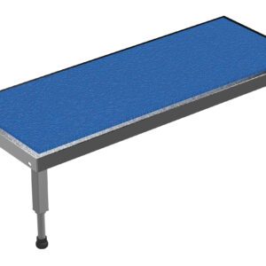 The Vestil Adj Ss Stand, measuring 10.5-16.5 H by 19W X 48L, is a rectangular exercise platform with a blue textured surface, adjustable metal legs, and black rubber feet for stability and customization.