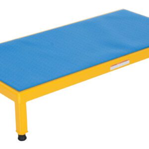 The Vestil Adj Steel Stand 10.5-16.5 H features a yellow metal frame and textured blue cushioned surface, slightly elevated with black-tipped legs, and measures 24 x 48 inches.