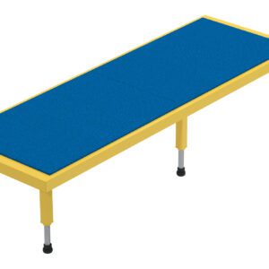 The Vestil Adj Steel Stand 10.5-16.5 H 24 X 72 is a rectangular table with a blue surface and yellow frame, featuring four adjustable legs with black feet, ideal for classrooms or workspaces, and displayed on a plain white background.