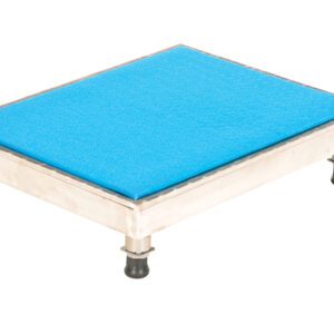The Vestil Adjust Ss Stand is a metal, rectangular platform (19 x 24) with adjustable height from 6.75 to 8.75. It has a blue textured surface and four sturdy legs with black rubber feet for stability and durability.