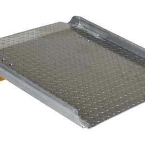 The Vestil Aluminum Hand Truck Dockboard 0.8K 30.25X35.87 has a textured diamond surface and raised edges, designed to bridge loading dock and vehicle gaps efficiently for seamless transportation of goods, offering durable handling solutions.