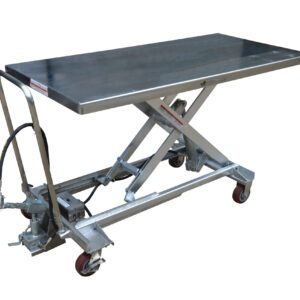 Introducing the Vestil Air SS Cart 1000 Lb 31.5X63, a durable stainless steel scissor lift table with a hydraulic mechanism, rectangular metal top, red caster wheels, and foot pedal operation. Perfect for lifting heavy items up to 1000 lbs with ease.