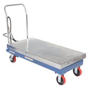 The Vestil Air Steel Cart 2000 Lb 24 X 47.25 features a sturdy blue platform with a metal handle and red wheels. Designed for heavy-duty transport, it includes a hydraulic lift at the rear and locking wheels for stability, making it ideal for tough jobs.