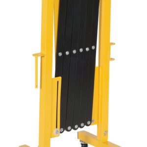 A yellow metal folding table frame with black slats, similar to the Vestil Aluminum Expand-A-Gate W/Casters, is designed for mobility with wheels at the base and can stand upright when folded.