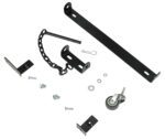 The Vestil Alum Expand-A-Gate Wall/Rack Mount Kit includes assorted black metal brackets, a small wheel, a safety pin, and various screws and bolts, all neatly arranged on a white background.
