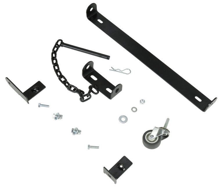ALEXGATE-W-KIT_A.jpg The Vestil Alum Expand-A-Gate Wall/Rack Mount Kit includes assorted black metal brackets, a small wheel, a safety pin, and various screws and bolts, all neatly arranged on a white background.